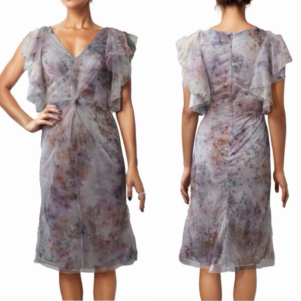 NWT Rene Ruiz Collection ‘Flutter Sleeve Tulle Cocktail Dress’ in Purple Floral
